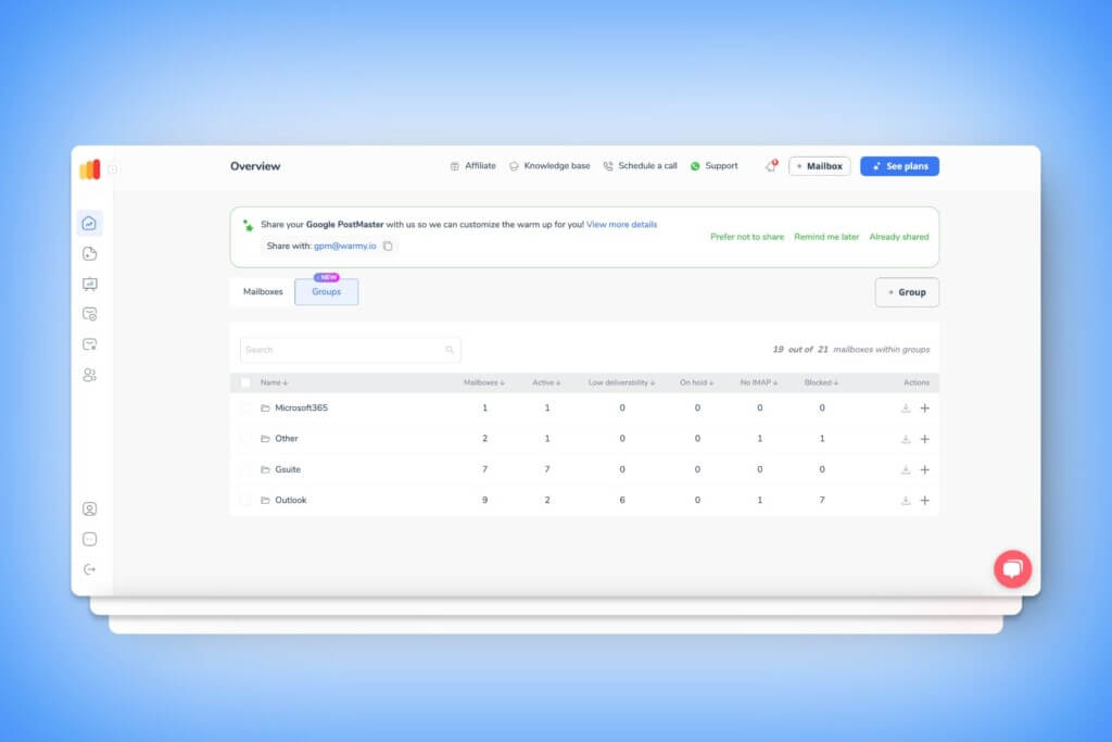 Warmy email warm-up dashboard showing mailbox groups and deliverability statuses for Outlook, Gsuite, and Microsoft365 accounts
