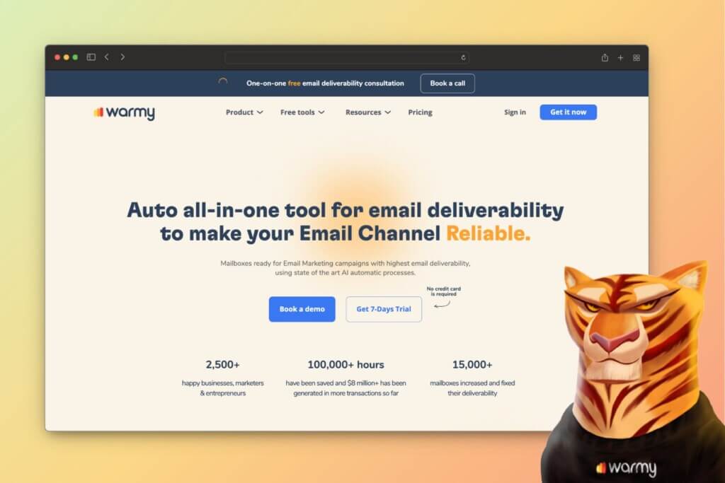 Warmy homepage highlighting all-in-one AI email deliverability tool with call-to-action for free trial and demo booking