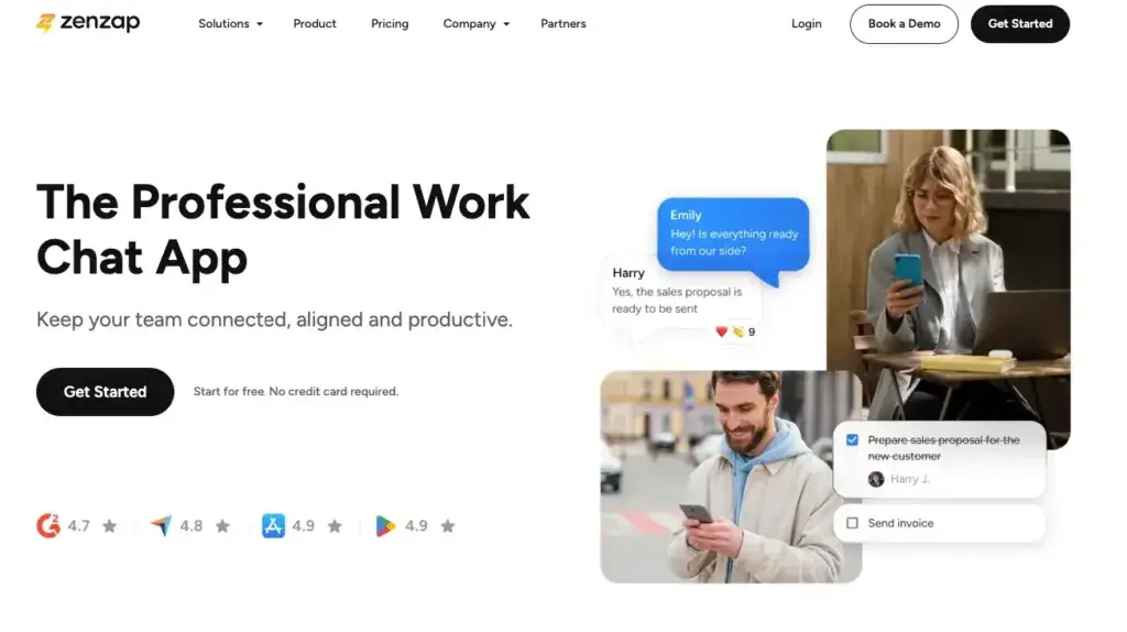 Zenzap homepage highlighting its role as a professional work chat app with team conversation preview and ratings from review platforms
