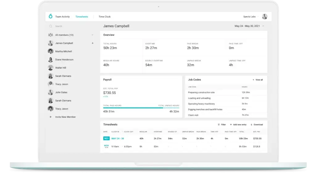 Atto web dashboard showing detailed timesheet, payroll, job codes, and hours breakdown for a team member