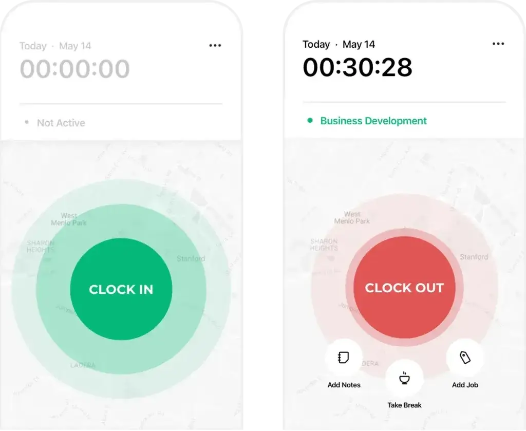 Atto mobile app interface with GPS clock-in and clock-out options for location-based time tracking