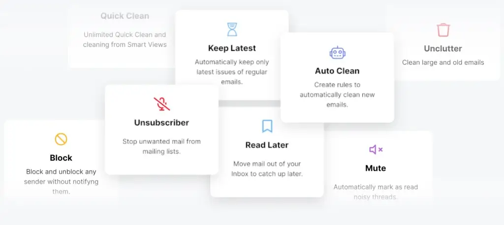 Clean Email feature tiles showing Auto Clean, Unsubscriber, Block, Read Later, Mute, and Unclutter options