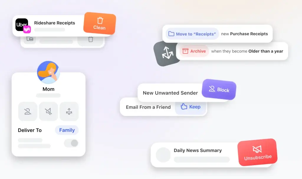 Illustration of Clean Email automation rules being applied to different message types like receipts, newsletters, and friends