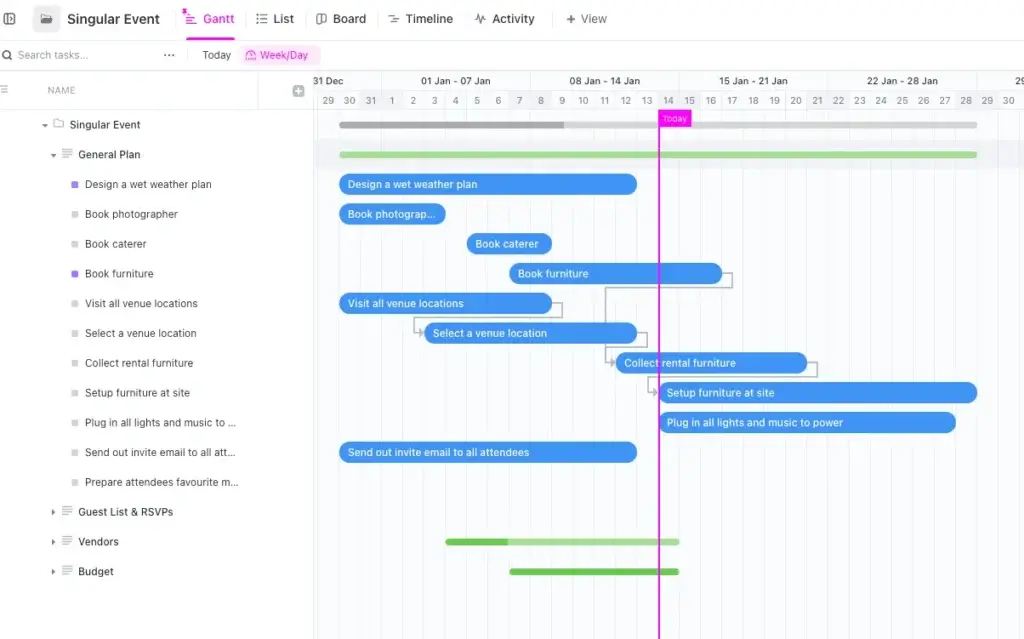 ClickUp event planning Gantt chart showing tasks and dependencies across multiple weeks