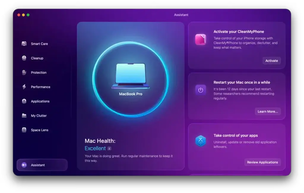 CleanMyMac X Assistant panel displaying Mac system health status and recommended maintenance tasks.