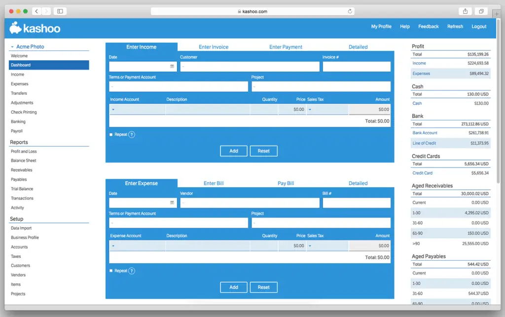 Kashoo desktop accounting dashboard with options for income, expenses, reports, and financial overview