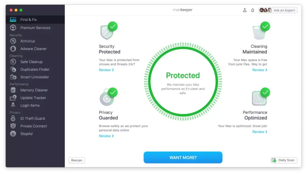 MacKeeper system scan result showing green checkmarks for security, cleaning, privacy, and performance