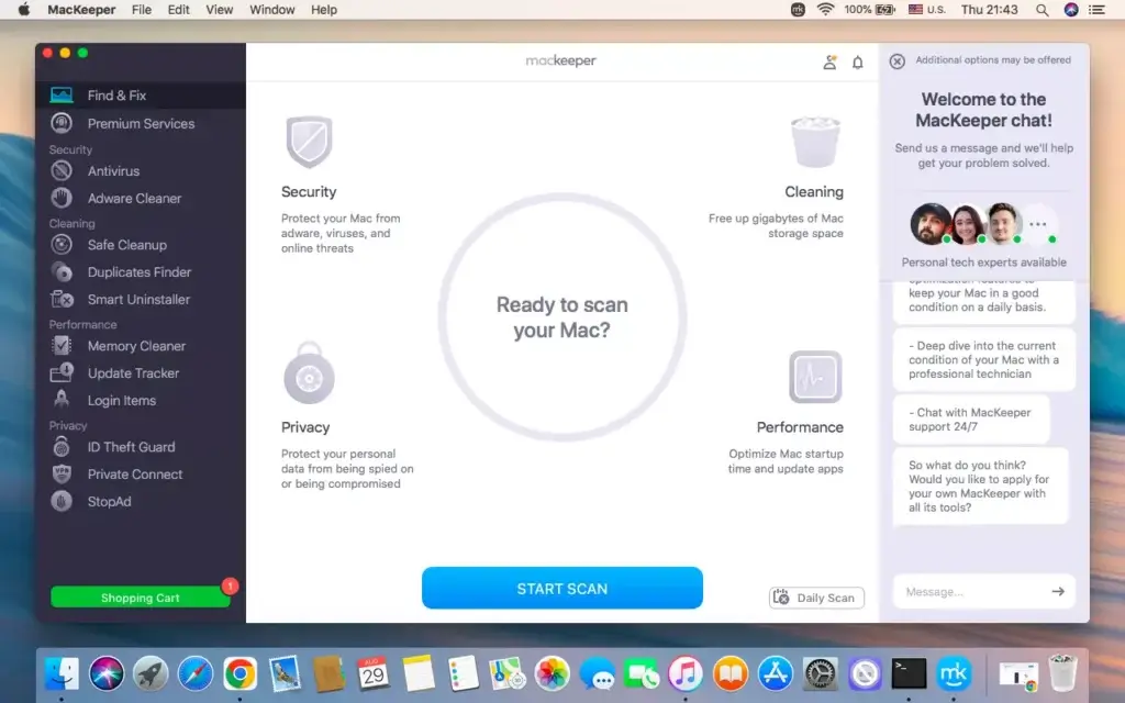 MacKeeper main scan interface with security, privacy, cleaning, and performance optimization categories