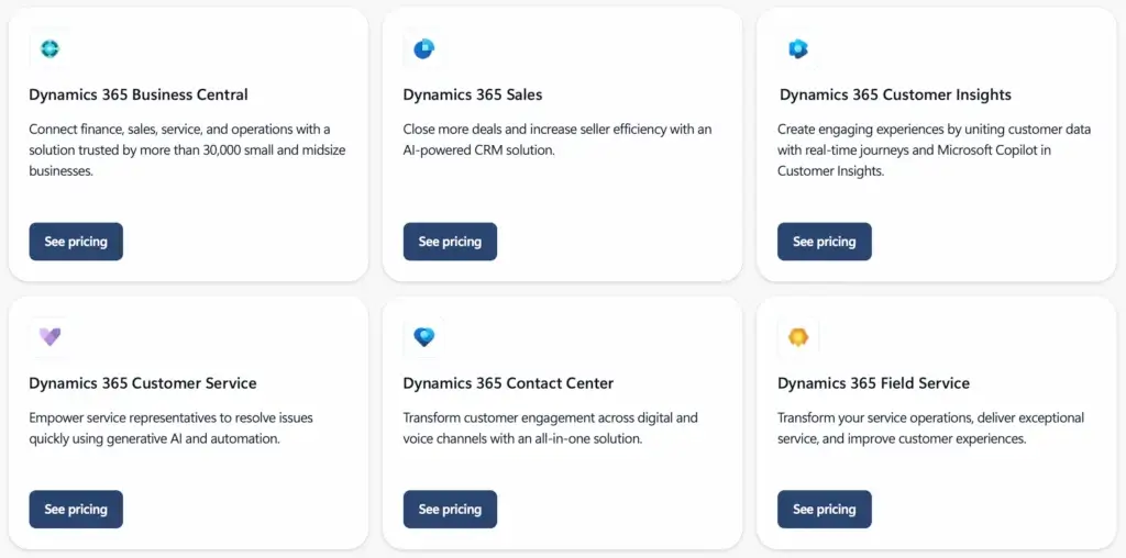 Microsoft Dynamics 365 modules including Business Central, Sales, Customer Insights, and Customer Service