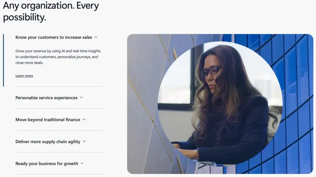 Business professional working with Microsoft Dynamics 365 in a modern office setting
