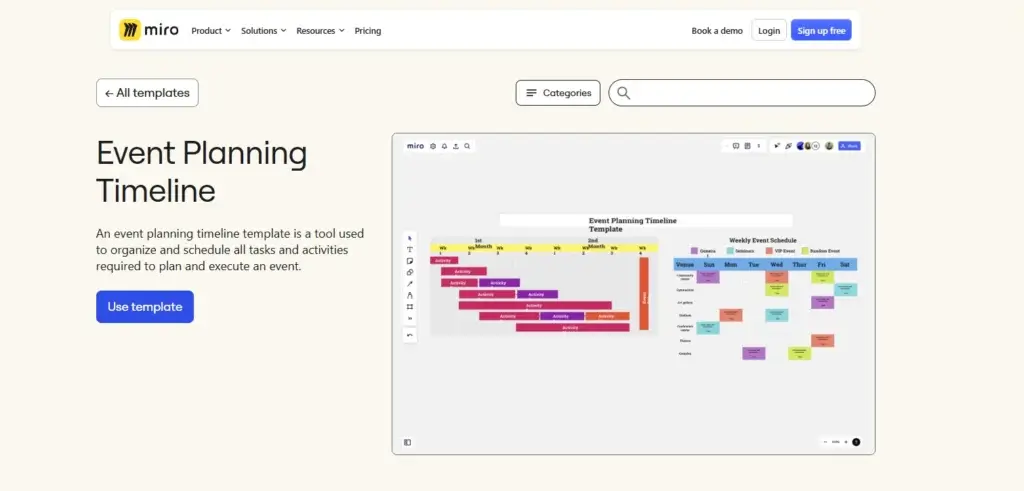 Miro event planning timeline template with color-coded phases and a weekly schedule board