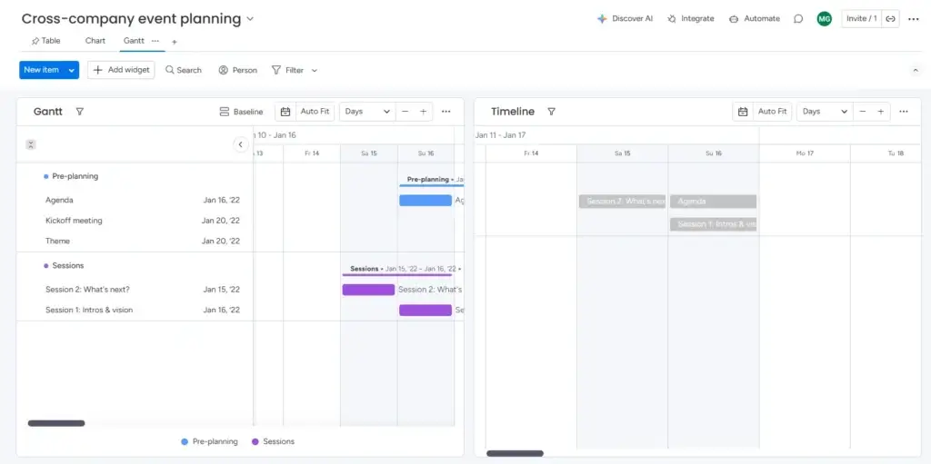 monday.com Gantt and calendar views for cross-company event planning with session breakdowns