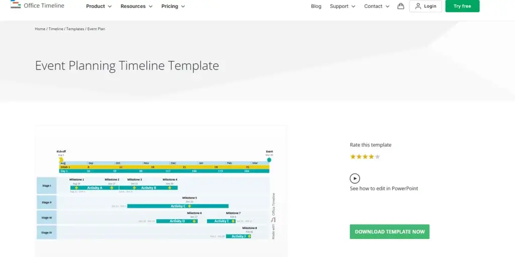 Office Timeline event planning chart with milestones, activities, and color-coded stages from kickoff to event day