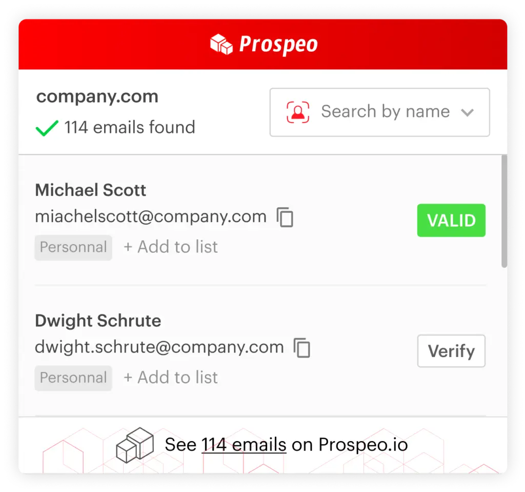 Prospeo email finder showing verified and unverified emails for company.com