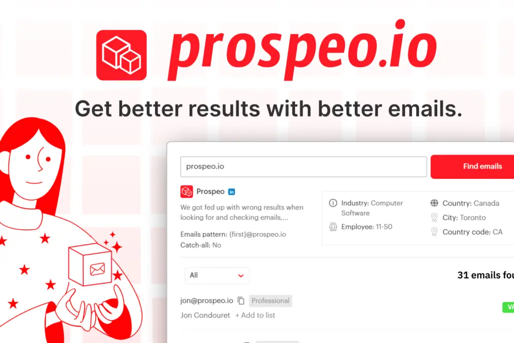 Prospeo homepage with branding and real-time email lookup panel for a Canadian software company