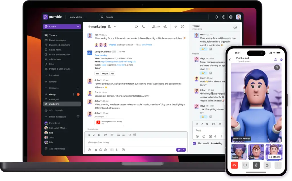 Pumble app showing marketing team conversation on desktop and video call screen on mobile