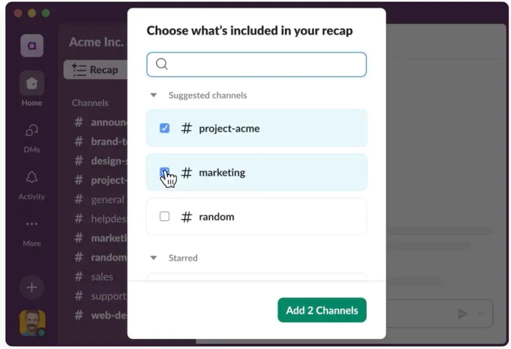 Slack interface showing channel selection for recap summary generation