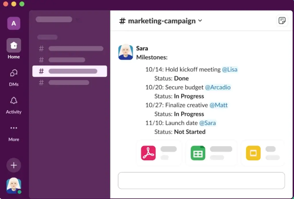 Slack marketing campaign channel displaying task milestones with status updates