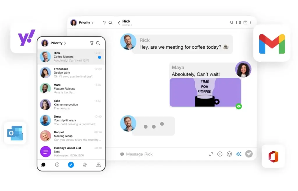 Spike email inbox and chat interface integrated with Gmail, Yahoo, and Outlook accounts