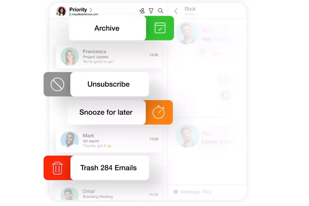 Swipe-based email management in Spike with options to archive, unsubscribe, snooze, or delete messages