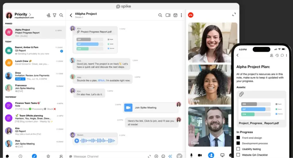 Spike chat interface with group video call and real-time collaborative notes on desktop and mobile view
