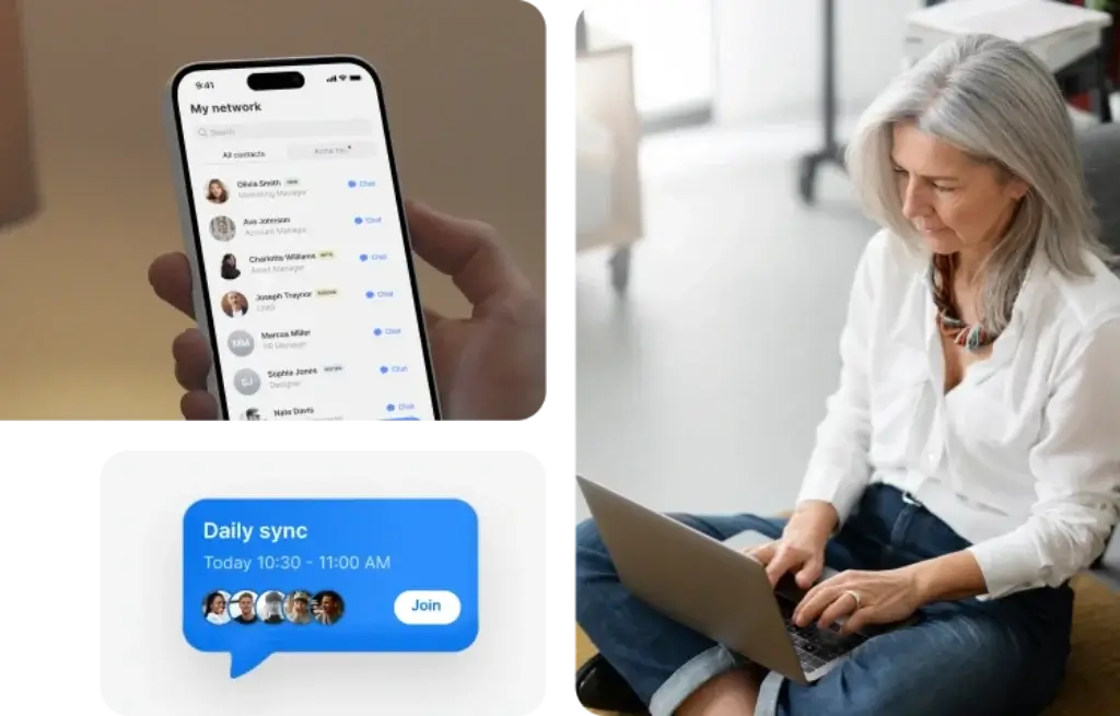 Zenzap mobile app showing user network and daily sync calendar notification with team avatars