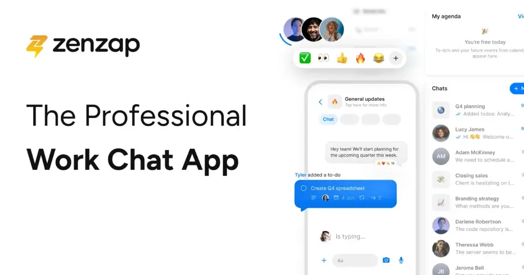 Zenzap interface showing team chat, agenda panel, and added to-do list inside a message thread