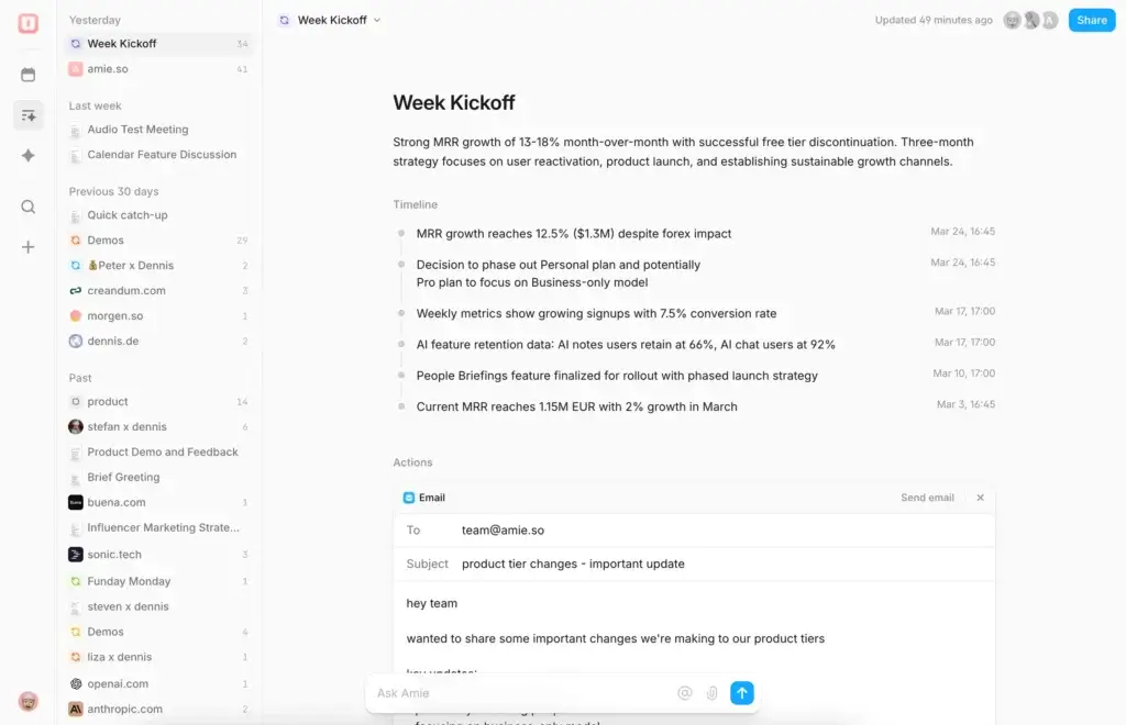 Amie AI meeting summary with action items and timeline from a Week Kickoff call