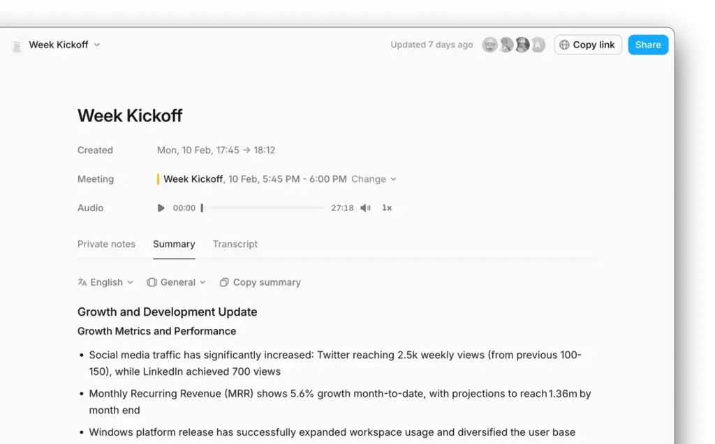 Amie AI-generated meeting summary with growth metrics, created from Zoom or Meet call