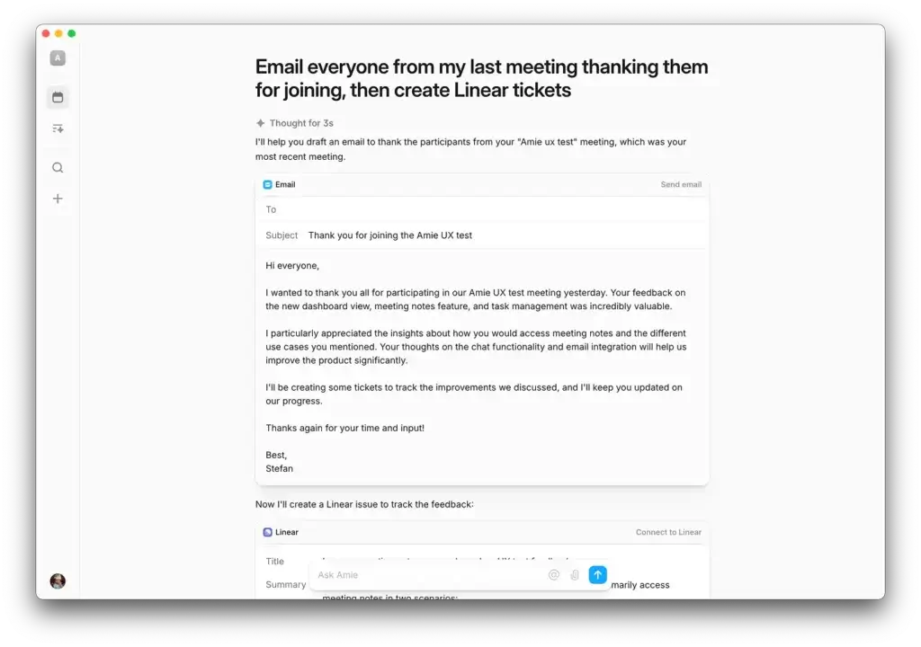 Amie interface drafting follow-up email and Linear tickets from meeting summary