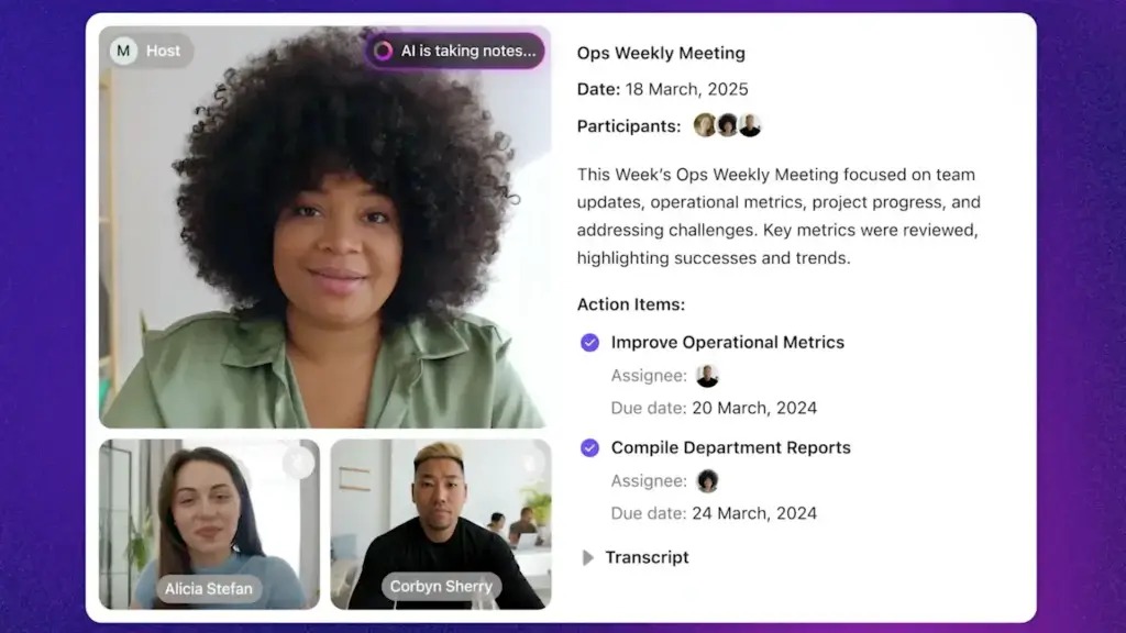 ClickUp AI summarizing an Ops meeting with assigned action items and due dates shown alongside participants.