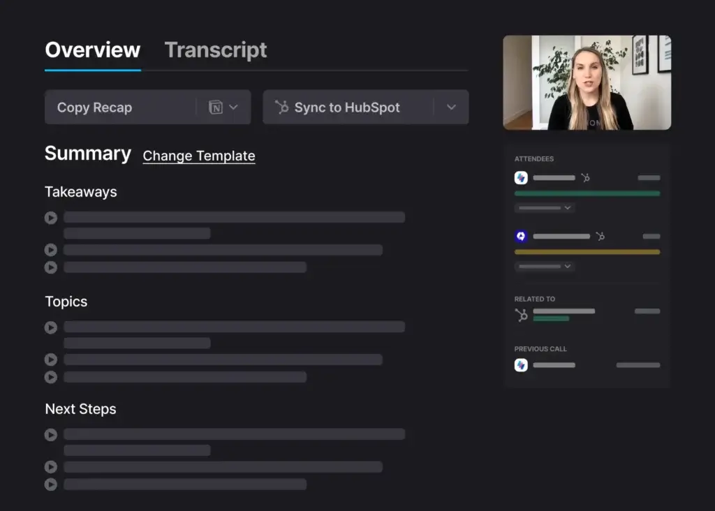 Fathom AI meeting summary interface showing takeaways, topics, and next steps with sync to HubSpot option