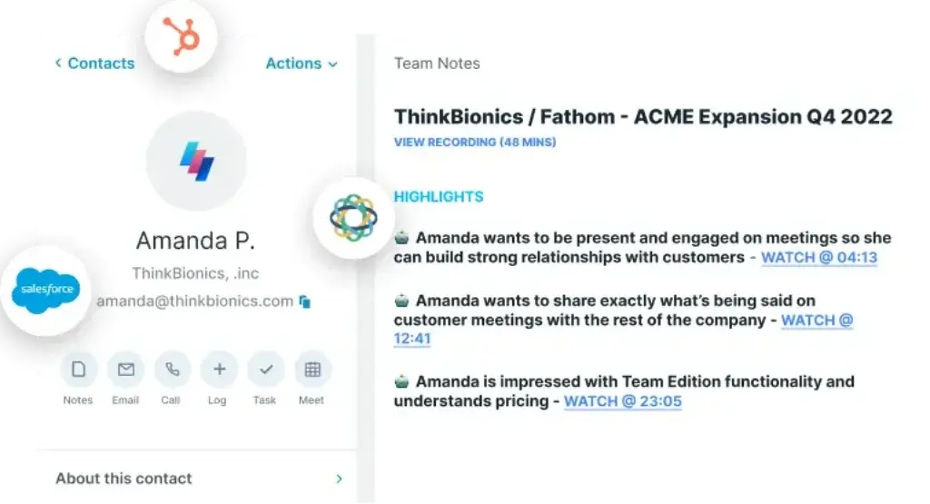 Fathom meeting highlights showing customer insights with direct video replay timestamps and contact profile integration