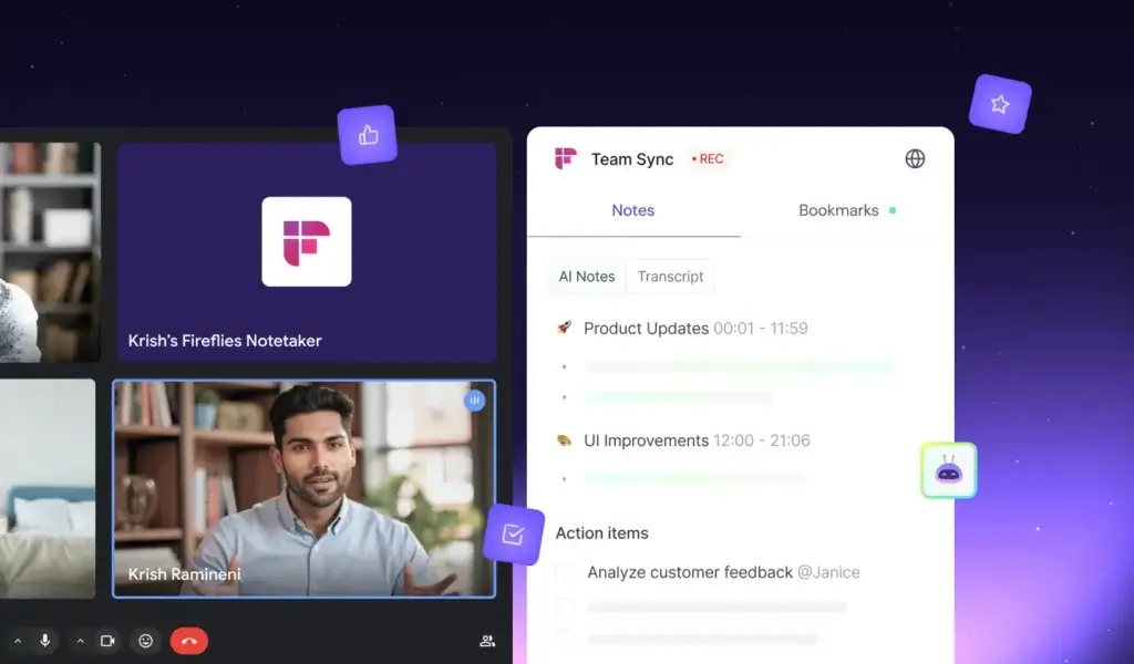 Fireflies.ai recording and summarizing a live Zoom call with speaker highlights and action items.