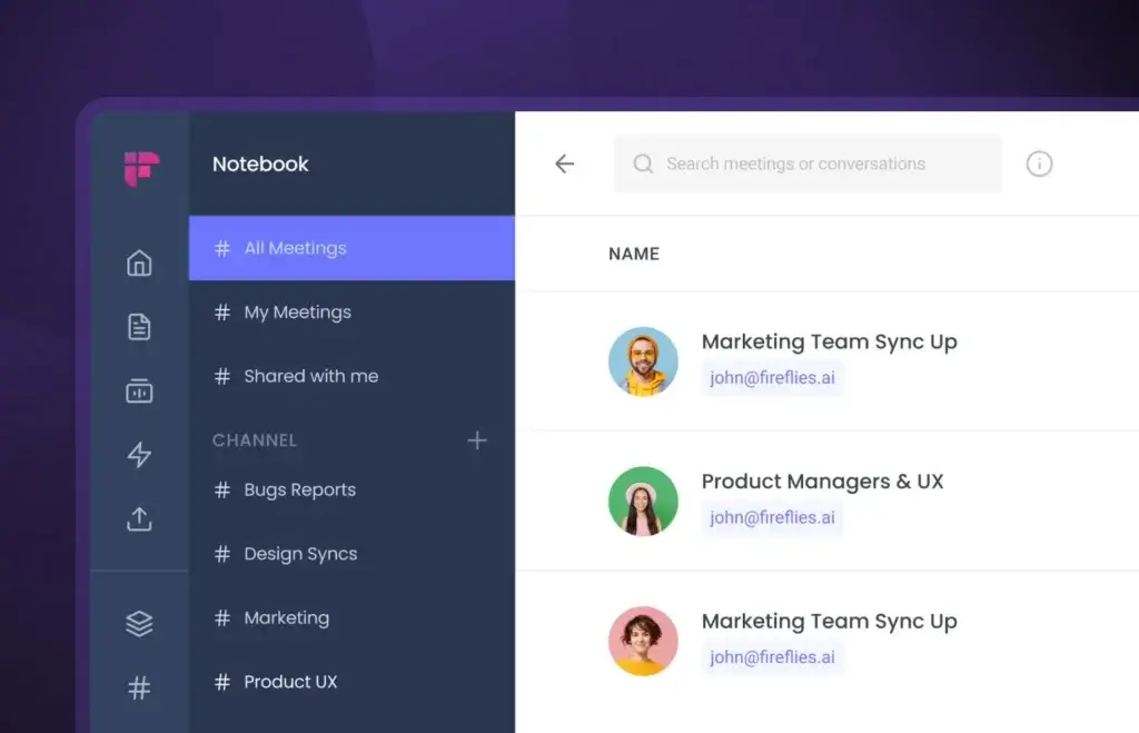 Fireflies.ai dashboard showing all recorded meetings organized by channels like marketing and product UX.
