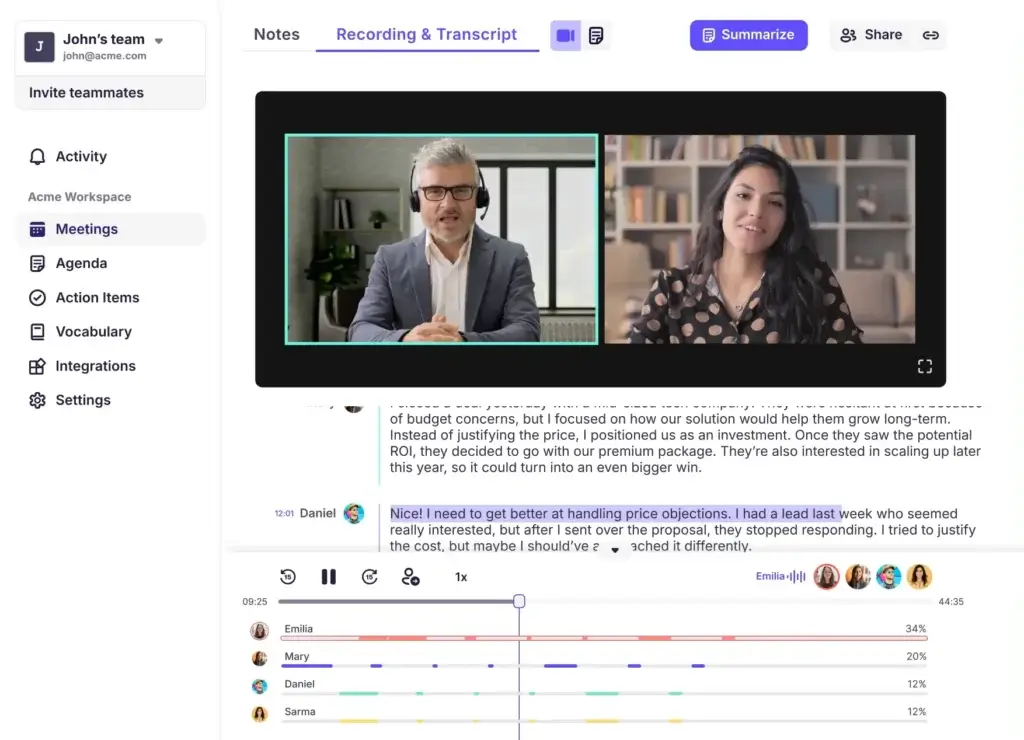 Krisp meeting interface showing live video call with real-time transcript and speaker participation timeline