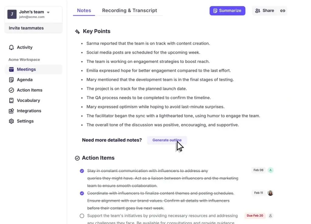 Krisp AI-generated meeting summary showing key points, action items, and outline generation