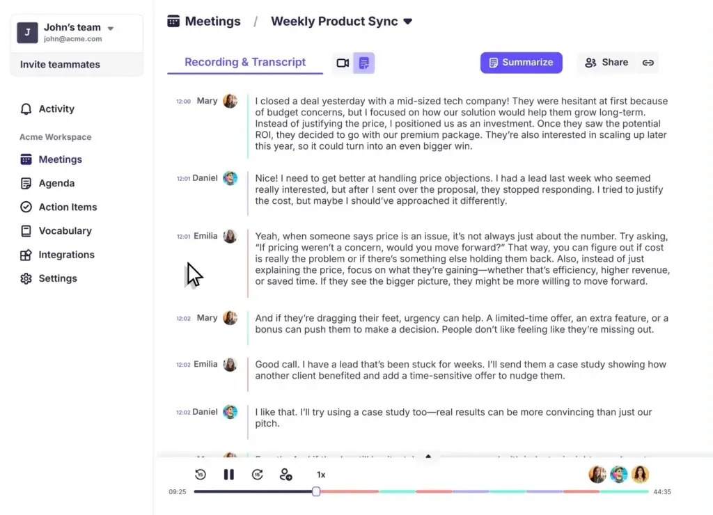 Krisp transcript view of a team sync with color-coded speaker contributions and conversational insights