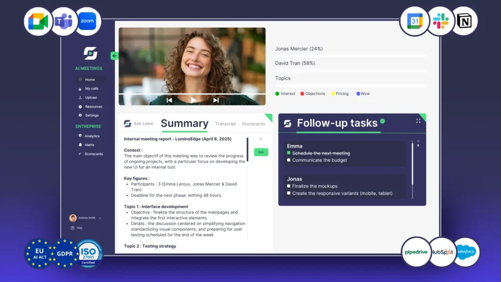 Leexi AI meeting summary interface with video call view, key highlights, and automated follow-up task assignments.