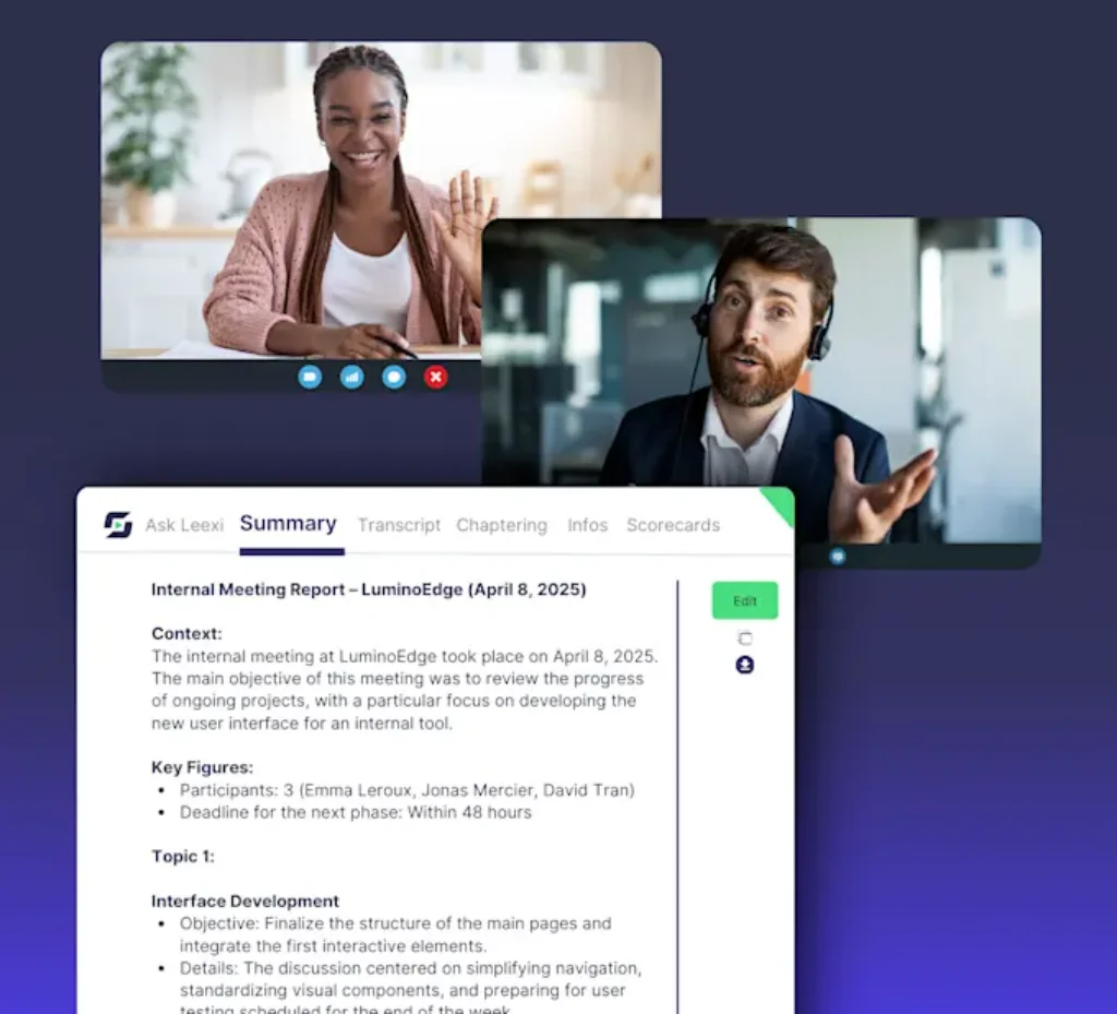 Leexi summarizing a virtual meeting with speakers on camera and contextual highlights from the meeting transcript.