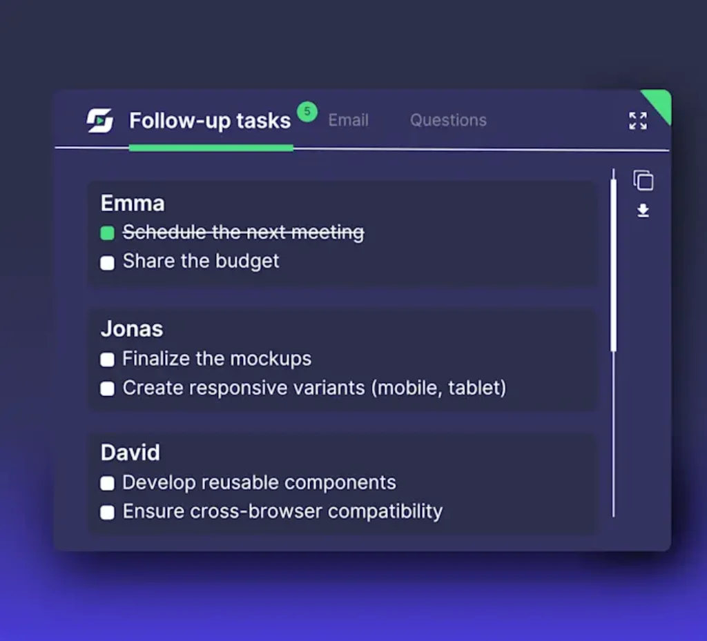 Leexi follow-up task panel showing action items assigned to participants Emma, Jonas, and David.