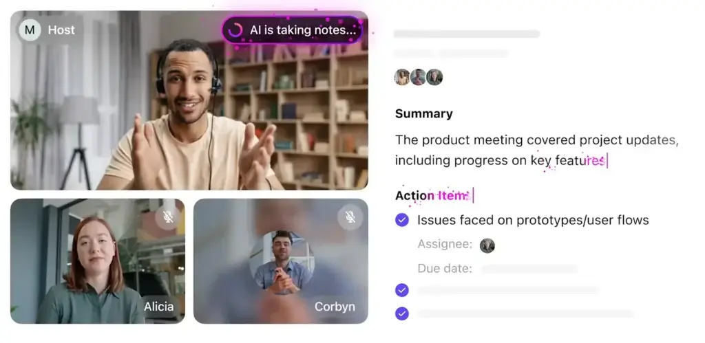 Virtual meeting with ClickUp AI Notetaker transcribing and summarizing key discussion points into action items.