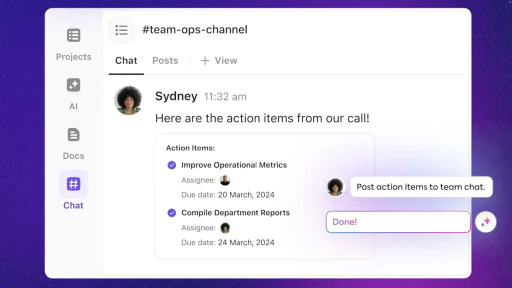 ClickUp AI sharing action items from a meeting directly into a team chat channel with due dates and assignees.