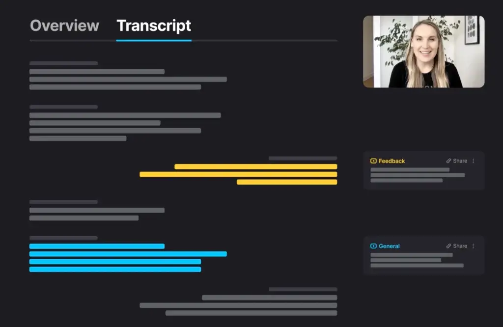 Fathom meeting transcript view with highlighted sections for feedback and general discussion, featuring shareable segments