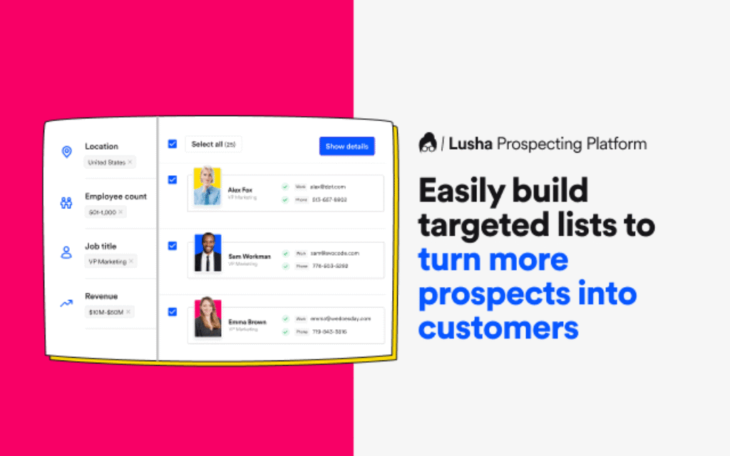 Lusha platform interface for building targeted lead lists