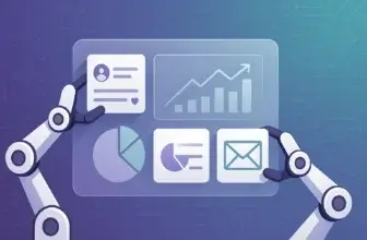AI automation concept with robotic arms managing marketing data