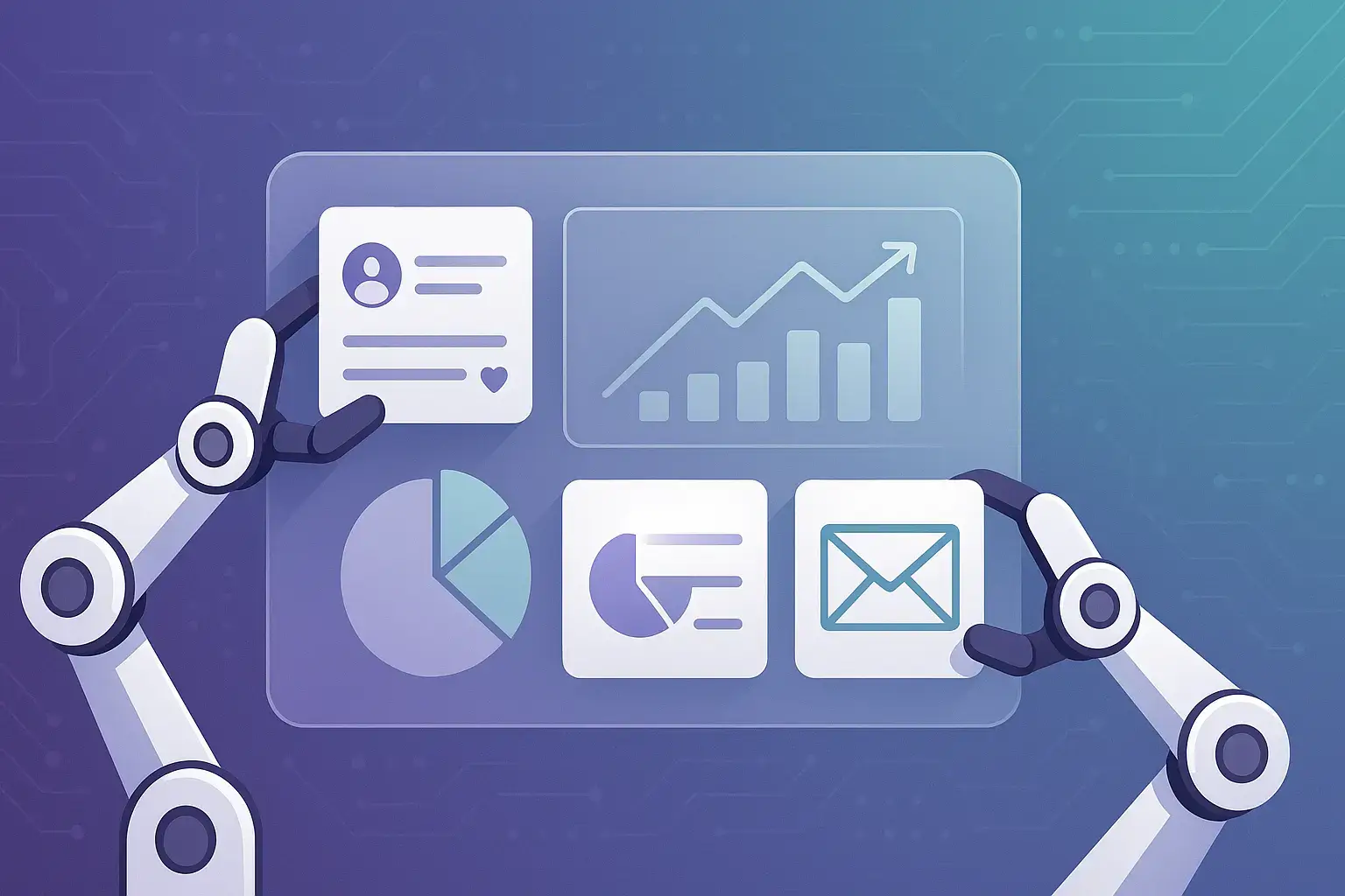 AI automation concept with robotic arms managing marketing data