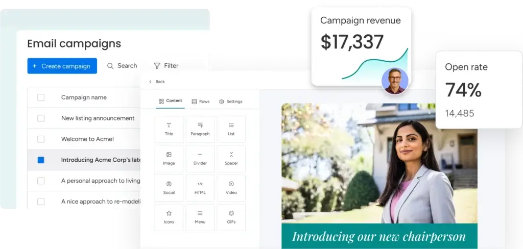 monday campaigns dashboard showing email builder interface