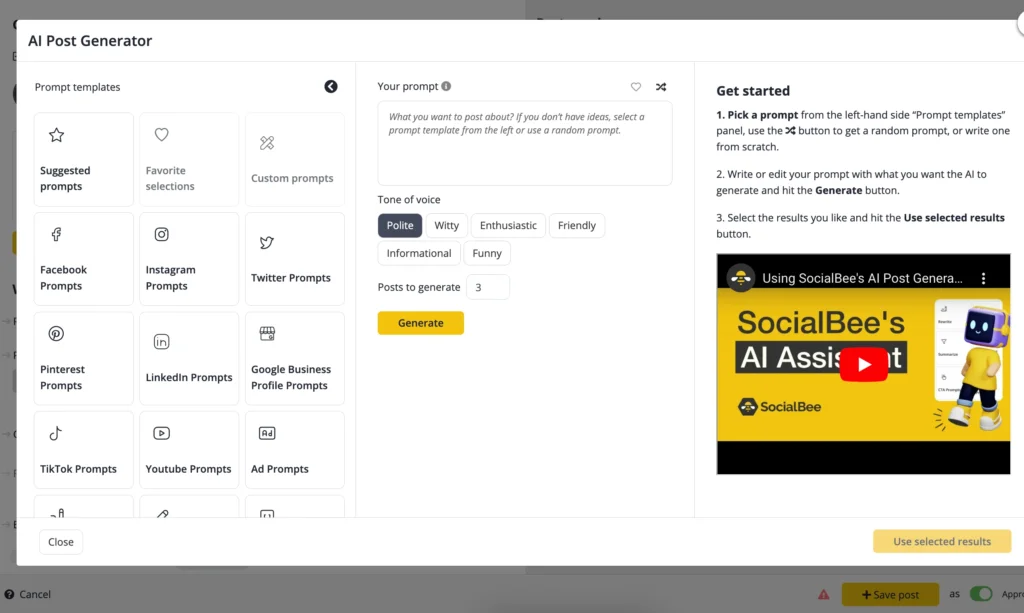 SocialBee post type metrics dashboard comparing reach, likes and clicks by content format
