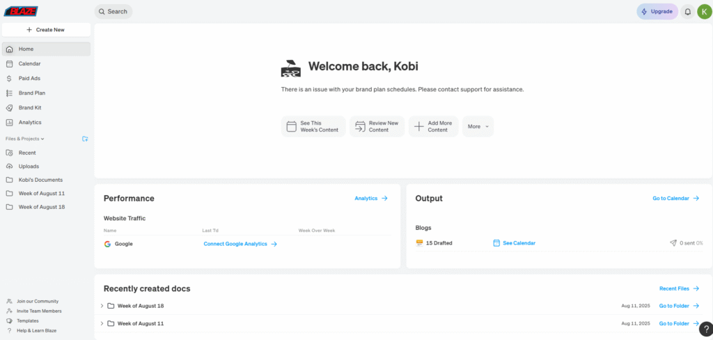 Blaze AI dashboard showing user welcome and analytics summary